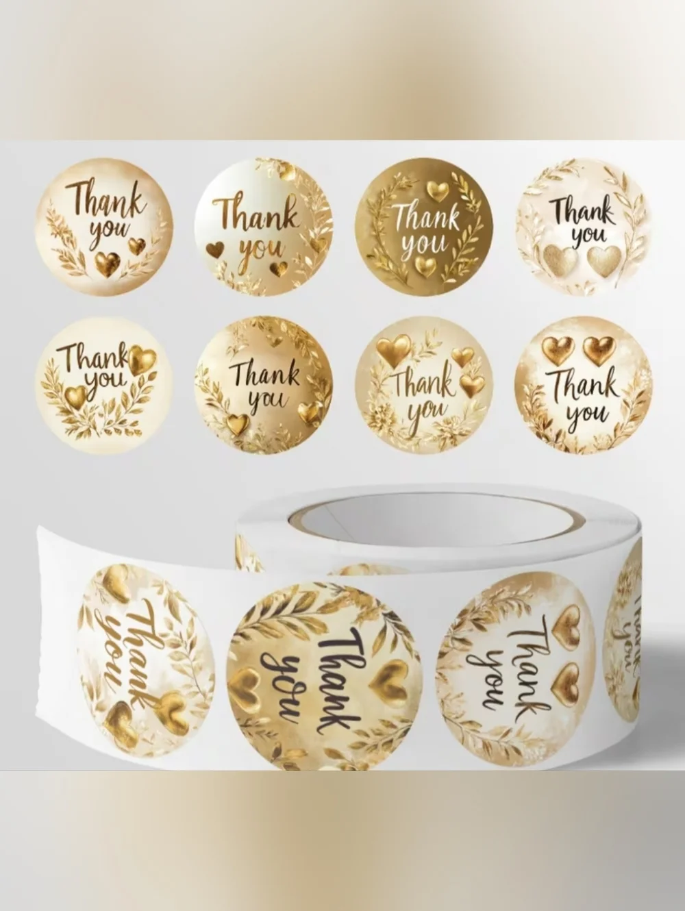 500 pieces/1 roll Golden Brown Hearts Thank you stickers